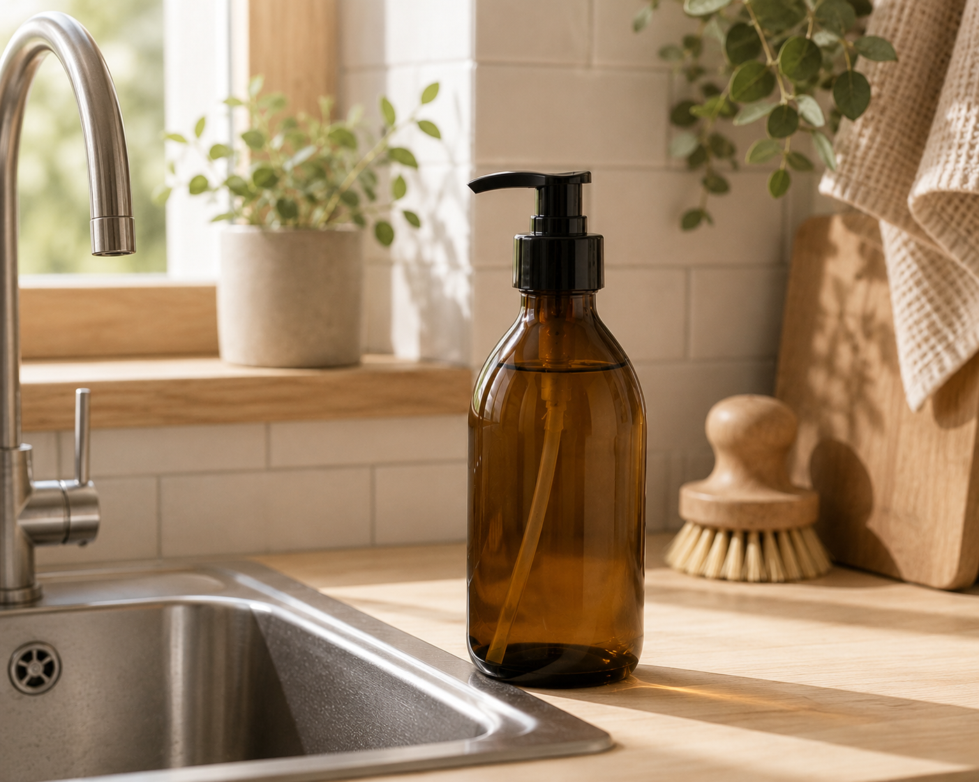 GLASFLASCHE mit SEIFENPUMPE I BRAUN 250ML