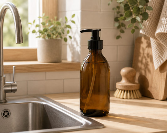 GLASFLASCHE mit SEIFENPUMPE I BRAUN 250ML